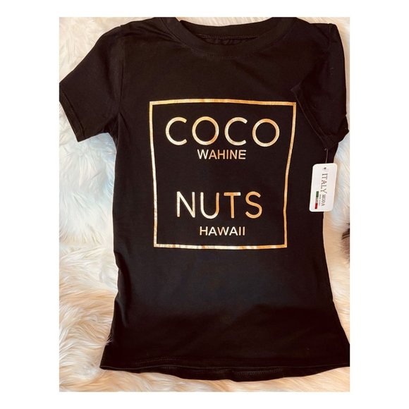 ITALY MODA BLACK COCO NUTS GOLD FOIL T-SHIRT - Picture 3 of 5